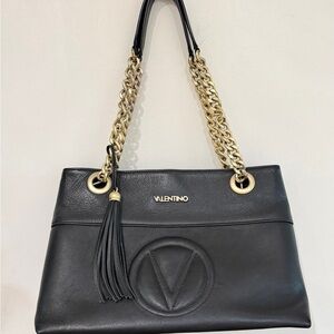 Mario Valentino Black Leather Shoulder Bag with Gold Chain